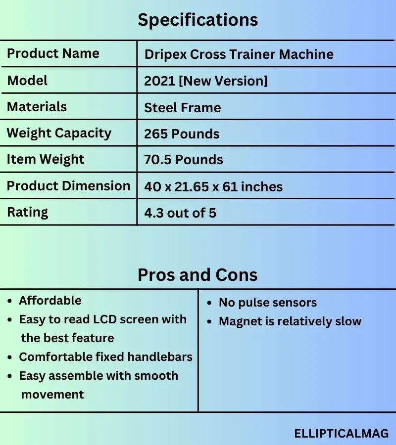 Dripex Cross Trainer Machine Specifications, Pros & Cons
